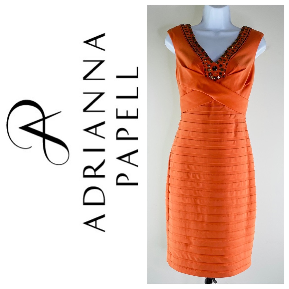 Adrianna Papell Coral / Orange Beaded V-Neck Dress